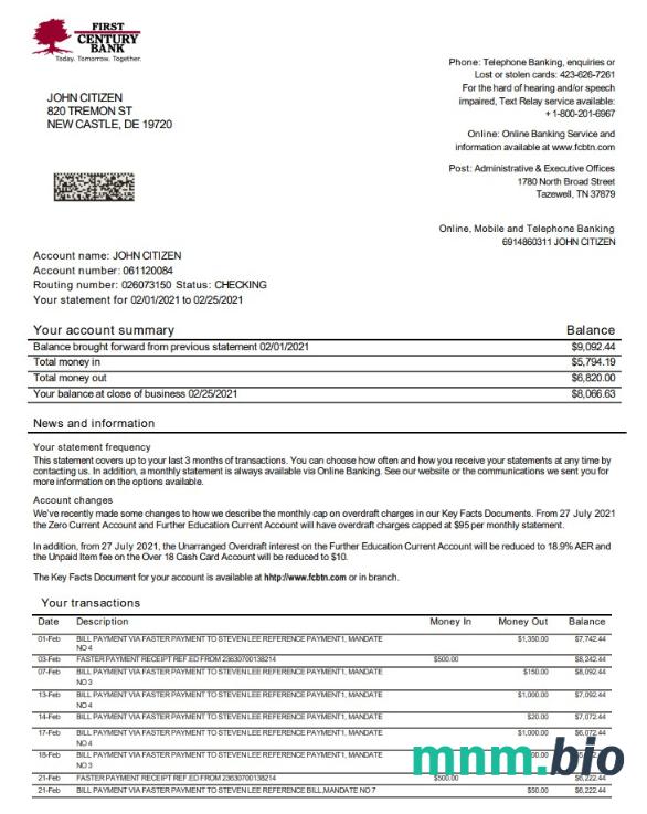 USA First Century Bank szablon w formacie excel pdf